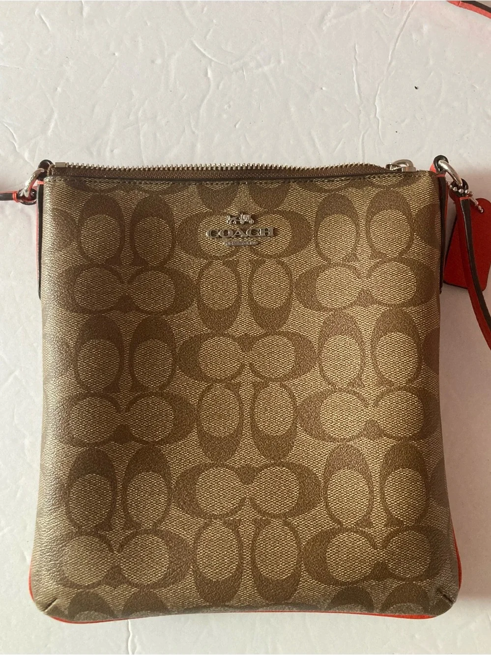 Coach Signature Khaki/Brown Crossbody with orange Trim.Coated Canvas like NEW